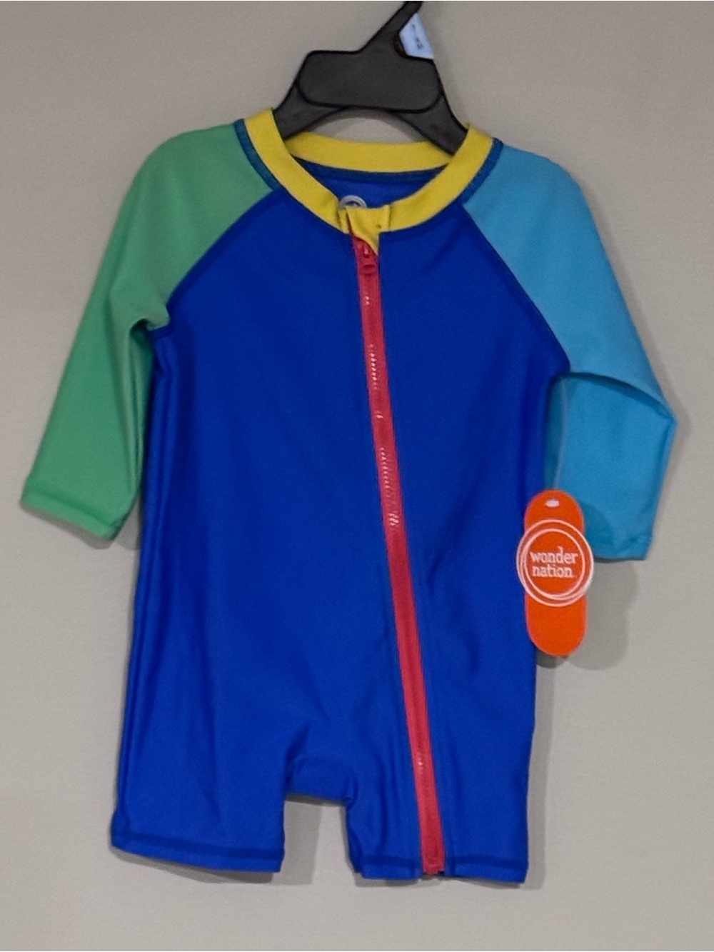 Wonder Nation Boys' Blue Colorblock Zip-Front Rash Guard Swimsuit UPF 50+
